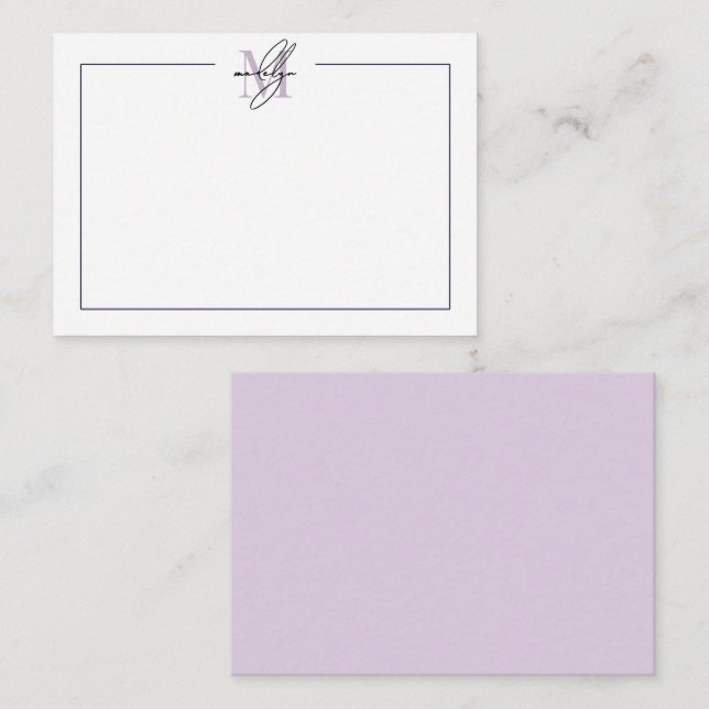 Simple Script Minimalist Purple Name Monogram Note Card (Front/Back)