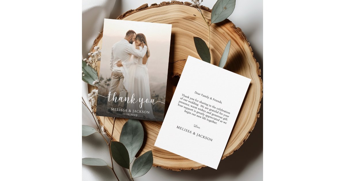 Simple Script Minimalist Wedding Photo Thank You Card | Zazzle