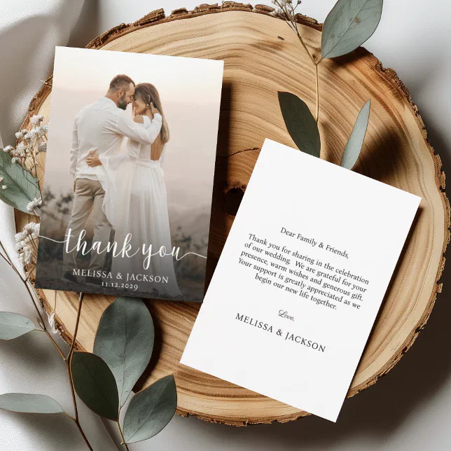 Simple Script Minimalist Wedding Photo Thank You Card | Zazzle