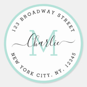 Simple script mint border monogram return address classic round sticker