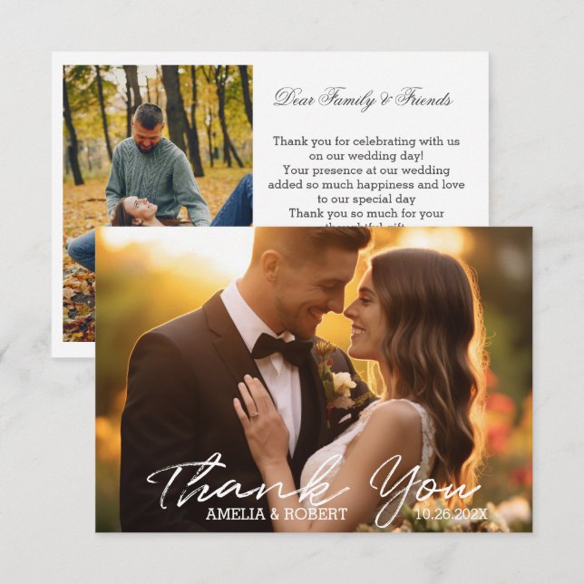Simple script modern and chic wedding photo thank you card (Front/Back)