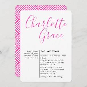 SIMPLE SCRIPT modern Bat Mitzvah black bright pink Invitation