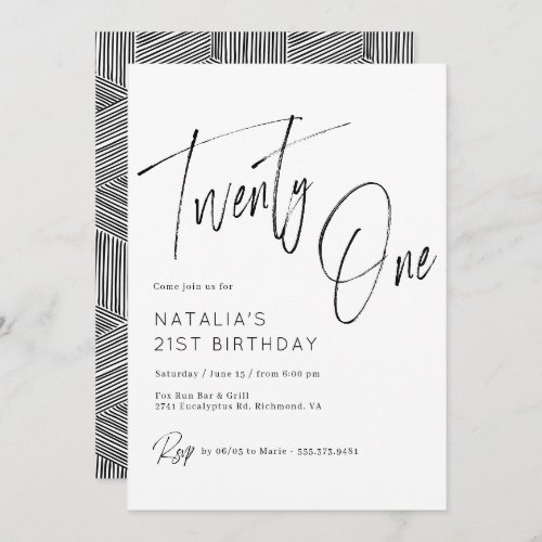 Simple Script Modern Black and White 21st Birthday Invitation