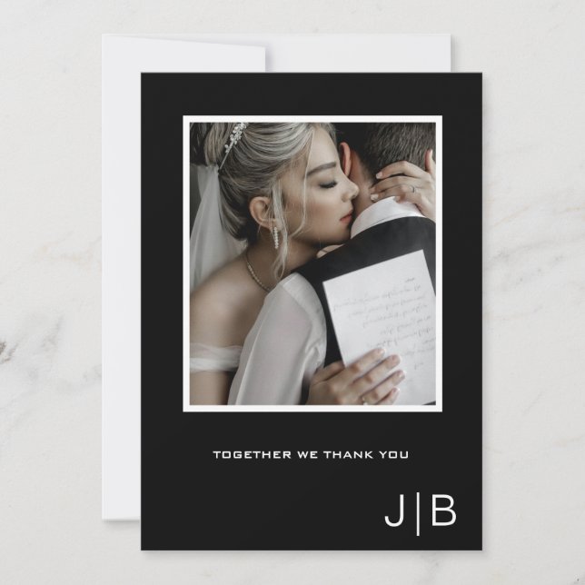  Simple script modern black white monogram photo  Thank You Card (Front)