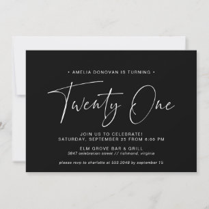 Simple Script Modern Minimal Black 21st Birthday Invitation