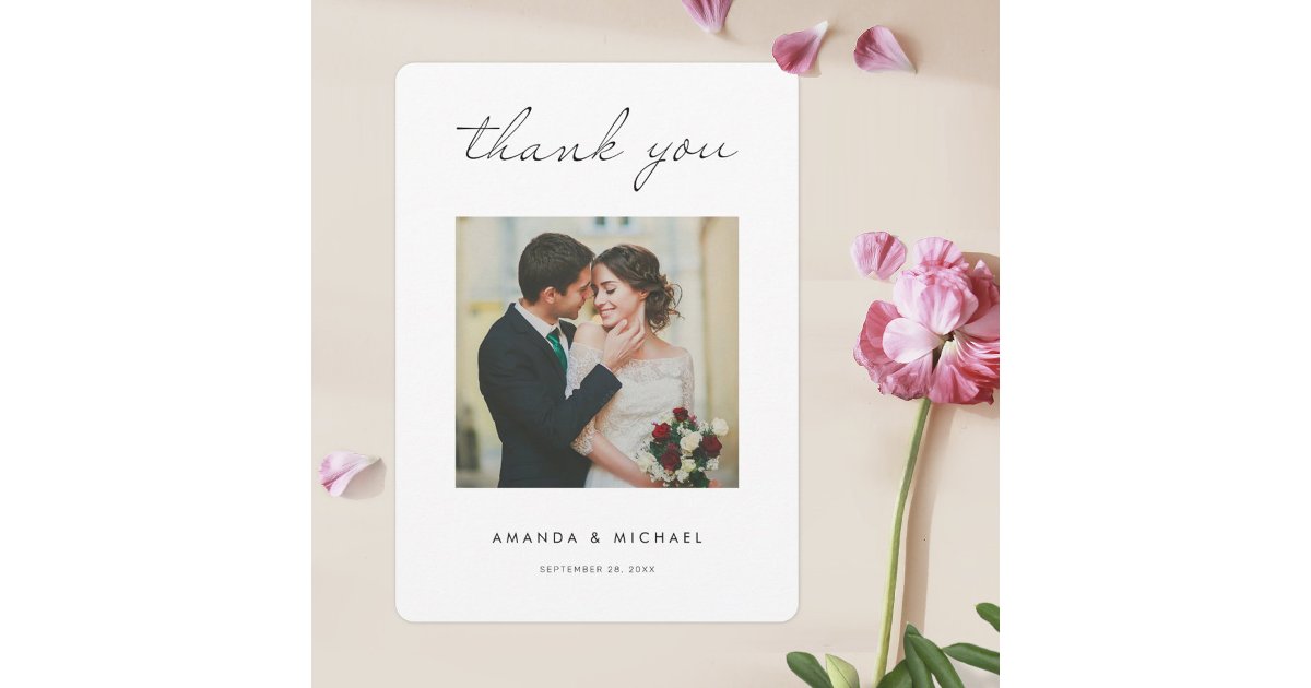 Simple Script Modern Minimalist Wedding Photo Thank You Card | Zazzle