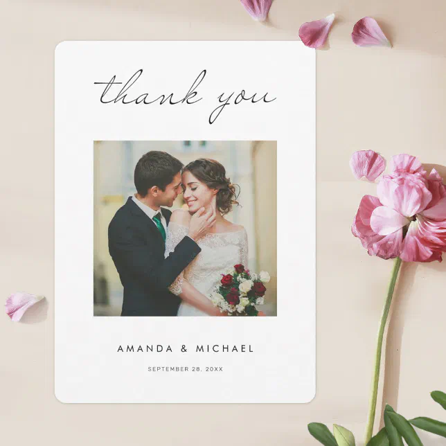 Simple Script Modern Minimalist Wedding Photo Thank You Card | Zazzle