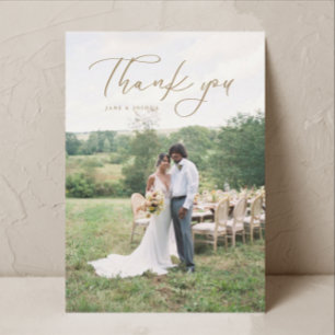 Simple Script Modern Wedding Photo Gold Thank You Card