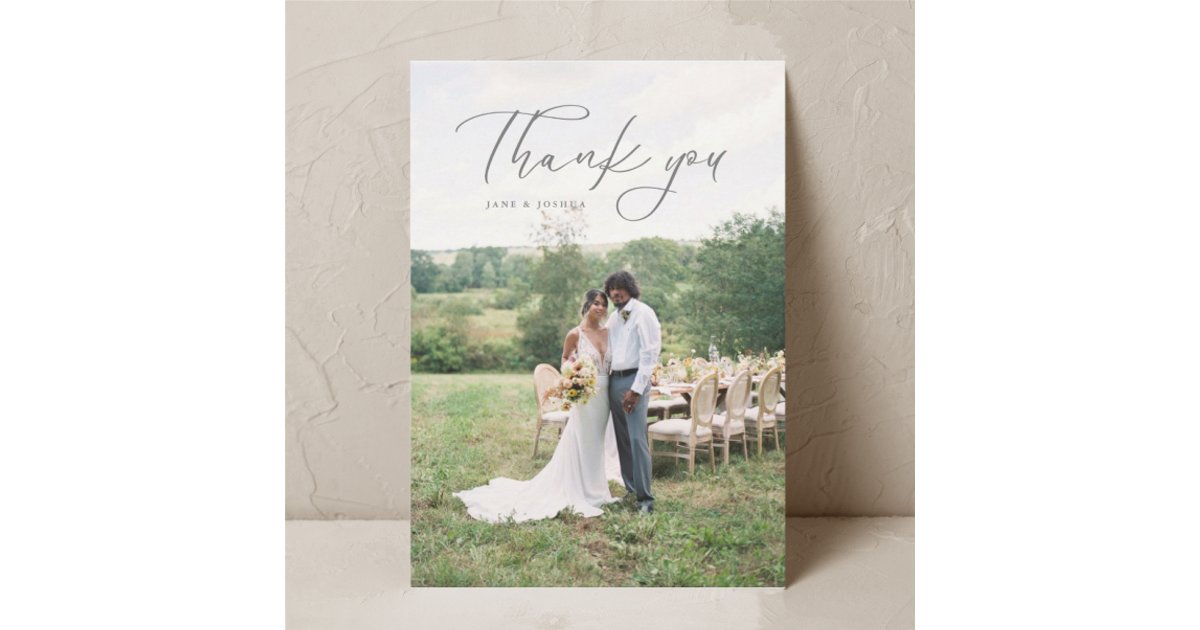 Simple Script Modern Wedding Photo Gray Thank You Card | Zazzle