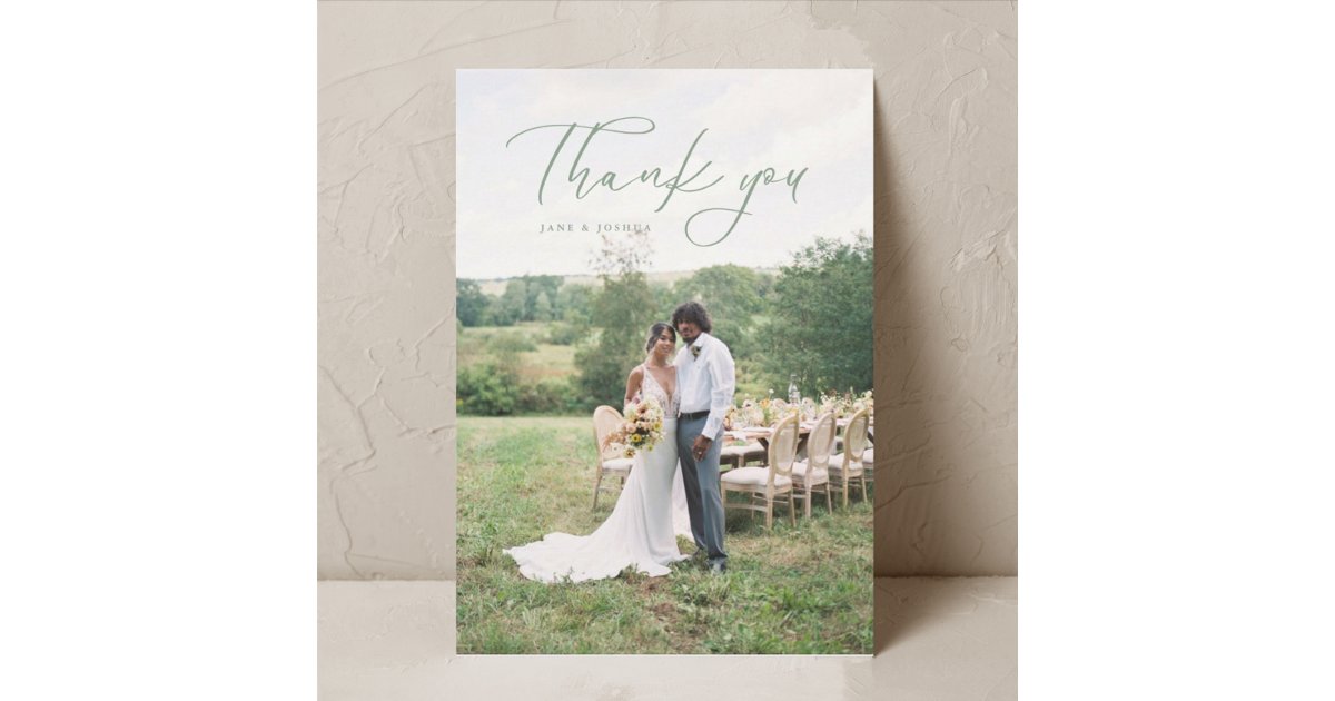 Simple Script Modern Wedding Photo Sage Thank You Card | Zazzle