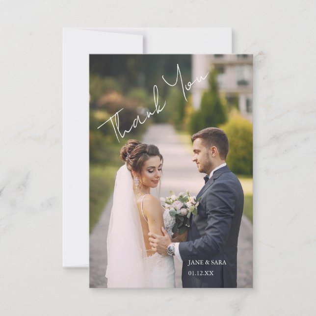 Simple Script Modern Wedding Photo Thank You Card (Front)