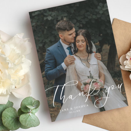 Simple Script Modern Wedding Photo Thank You Card