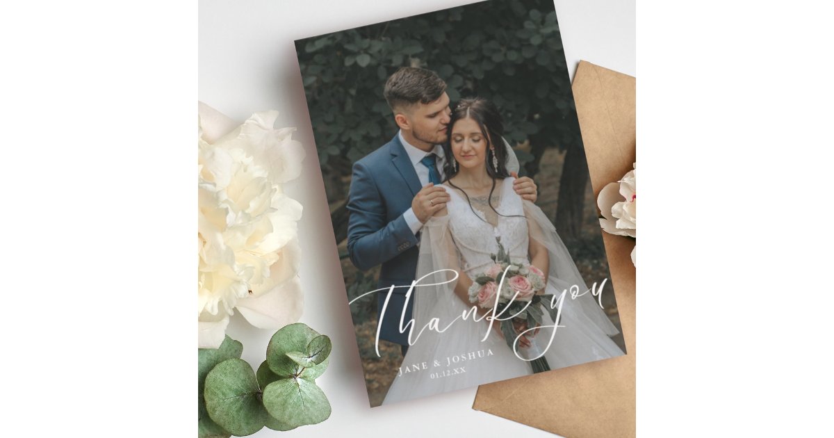 Simple Script Modern Wedding Photo Thank You Card | Zazzle