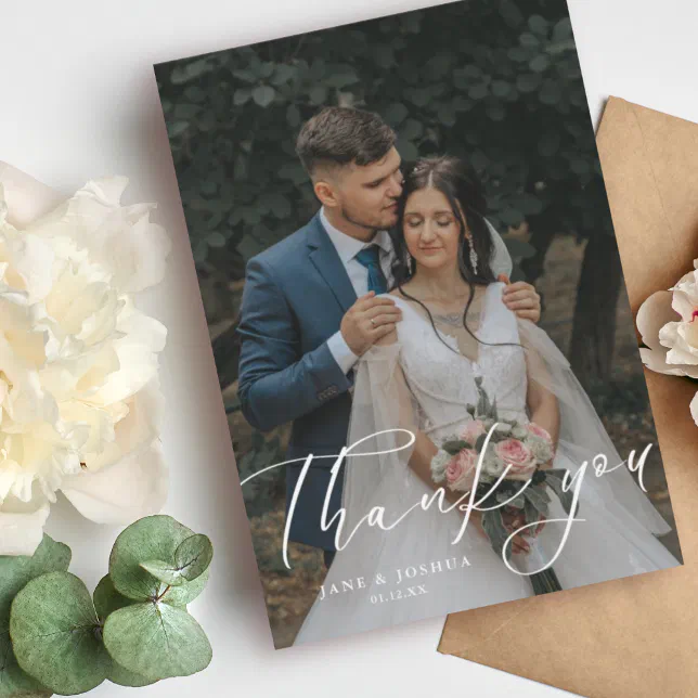 Simple Script Modern Wedding Photo Thank You Card | Zazzle