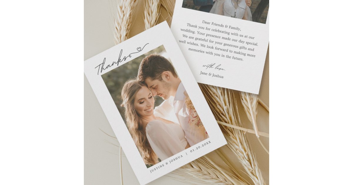 Simple Script Modern With Heart Wedding Photo Thank You Card | Zazzle