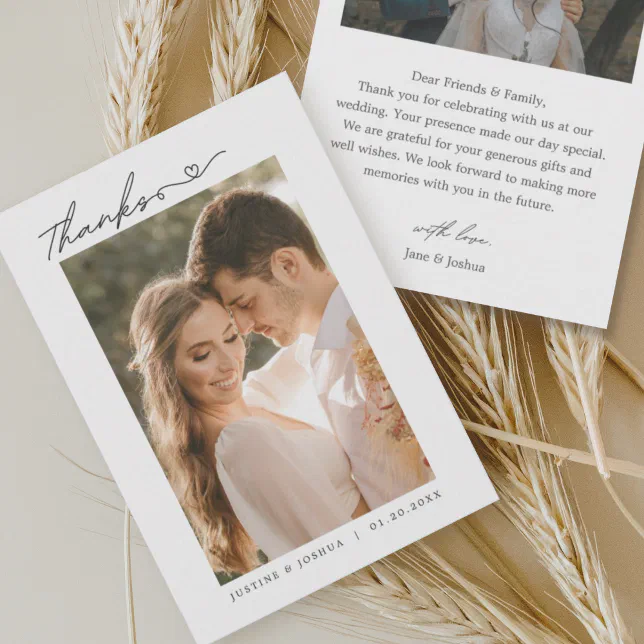 Simple Script Modern With Heart Wedding Photo Thank You Card | Zazzle