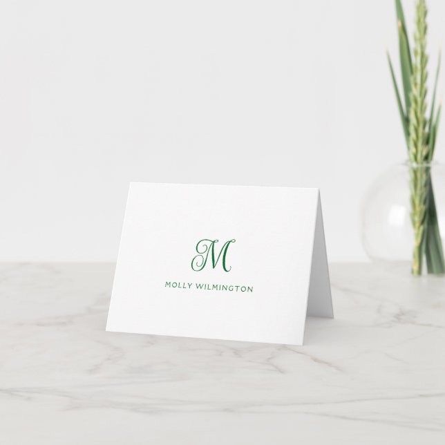 Simple Script Monogram Dark Forest Green Note Card (Front)