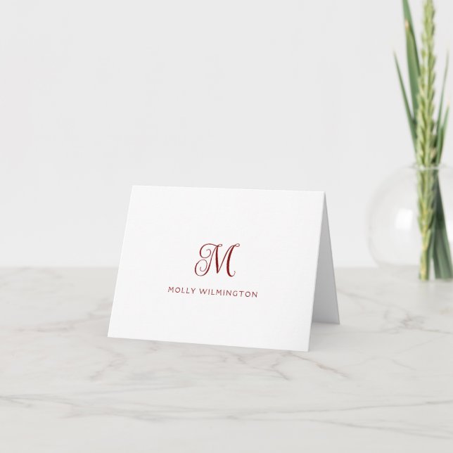 Simple Script Monogram Deep Red Burgundy Note Card (Front)