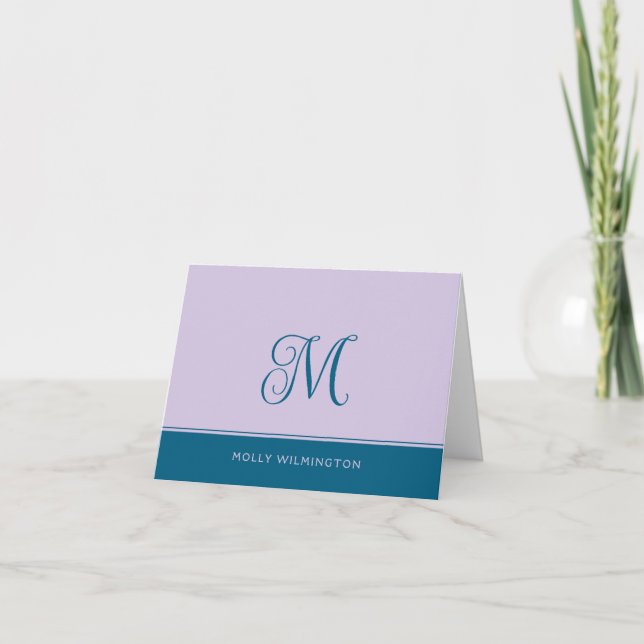 Simple Script Monogram Purple and Blue Note Cards (Front)