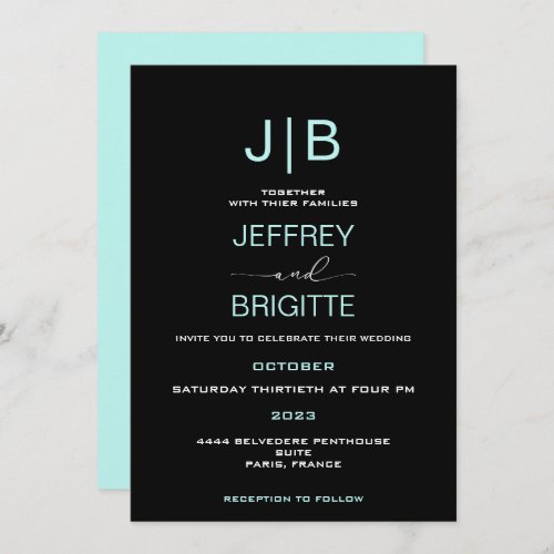 Simple script monogram teal and white wedding  invitation