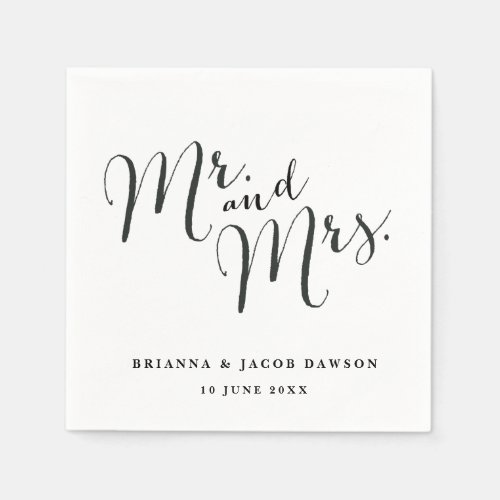 Simple Script Mr and Mrs Black and White Wedding  Paper Napkins