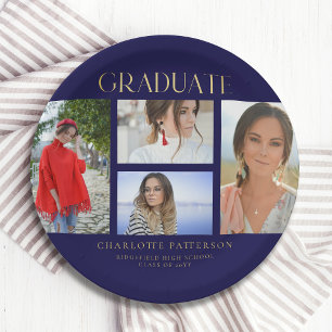 Simple Script Multi Photo Grad Graduation Party Paper Plates