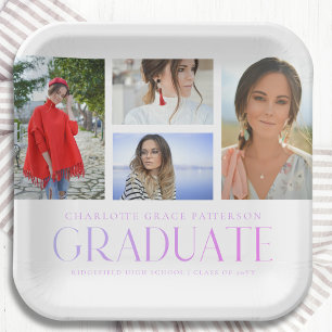 Simple Script Multi Photo Grad Graduation Party Paper Plates