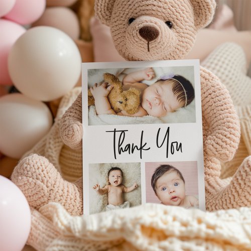 Simple script multiple photos collage baby shower thank you card