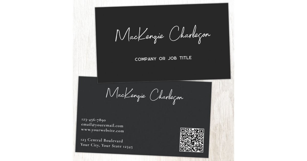 Simple Script Name and Text QR Code Black Business Card | Zazzle