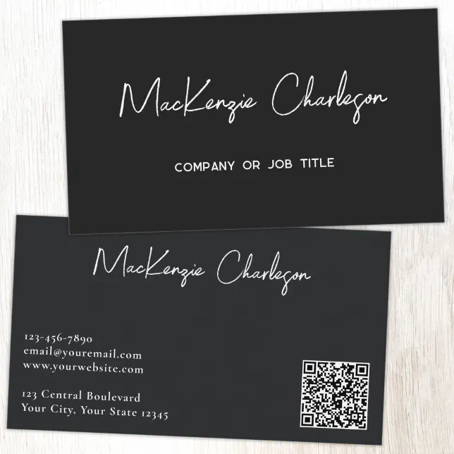 Simple Script Name and Text QR Code Black Business Card | Zazzle