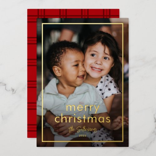 Simple Script Name Minimal Photo Christmas Gold Foil Holiday Card