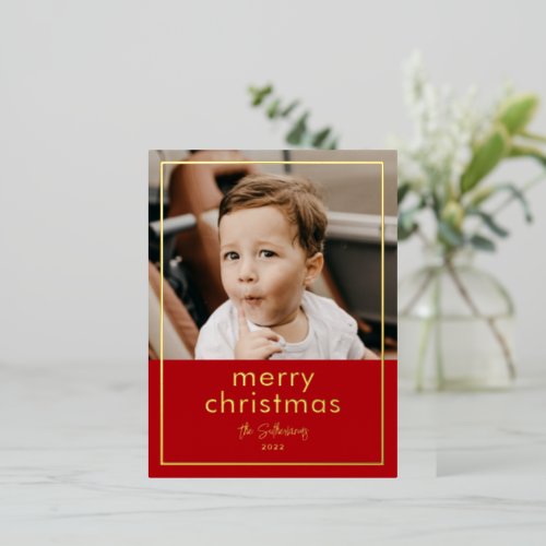 Simple Script Name Minimal Photo Christmas Gold Foil Holiday Postcard