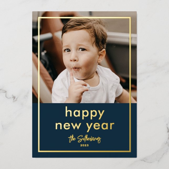 Simple Script Name Minimal Photo New Year Foil Holiday Card (Front)
