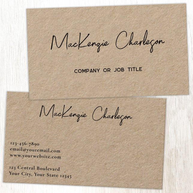 Simple Script Name Modern Professional Kraft Business Card (Simple modern minimalist script professional business card design on Kraft card)
