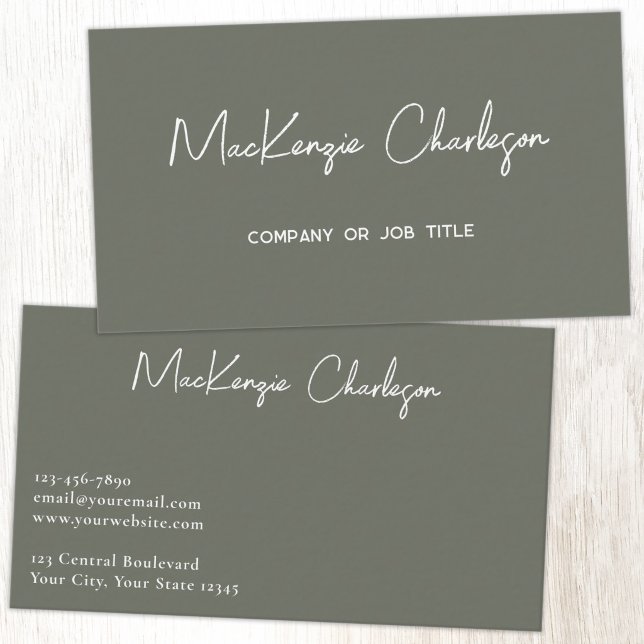 Simple Script Name Modern Sage Green Business Card (Simple modern minimalist script professional business card design sage green)