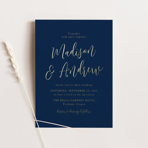 Simple Script Navy and Gold Wedding Foil Invitation