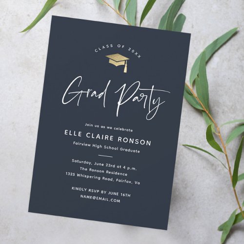 Simple Script Navy Blue Graduation Party Invitation