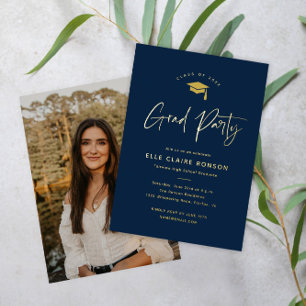 Simple Script Navy Blue Photo Graduation Foil Invitation