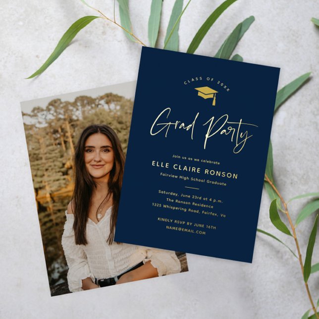 Simple Script Navy Blue Photo Graduation Foil Invitation (Creator Uploaded)