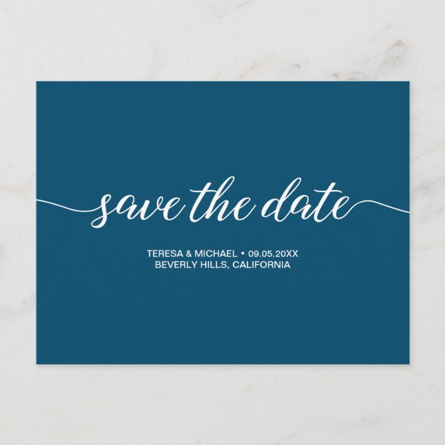 Simple script Navy Blue wedding Save the Date Postcard (Front)