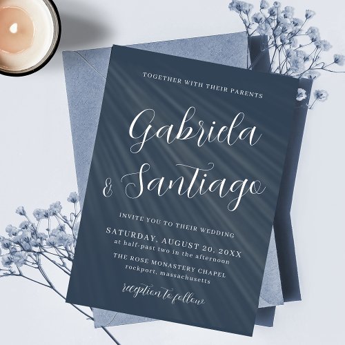 Simple Script Navy Blue White Wedding Invitation