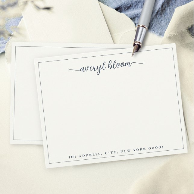 Simple Script Navy Border Personalized Stationery  Note Card (Creator Uploaded)