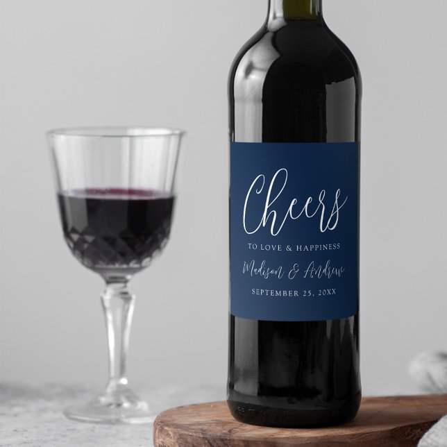Simple Script Navy Cheers to Love Wedding Wine Label (Creator Uploaded)