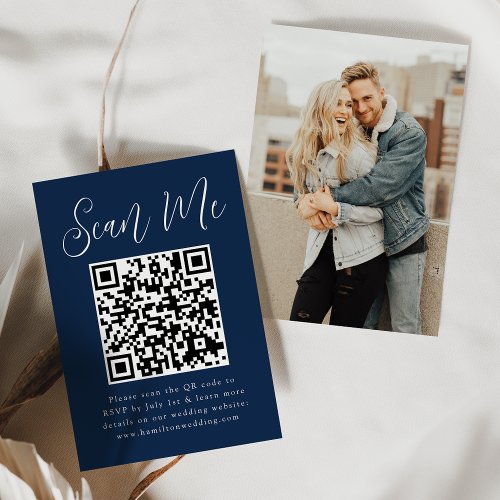 Simple Script Navy Photo QR Code Wedding RSVP Enclosure Card
