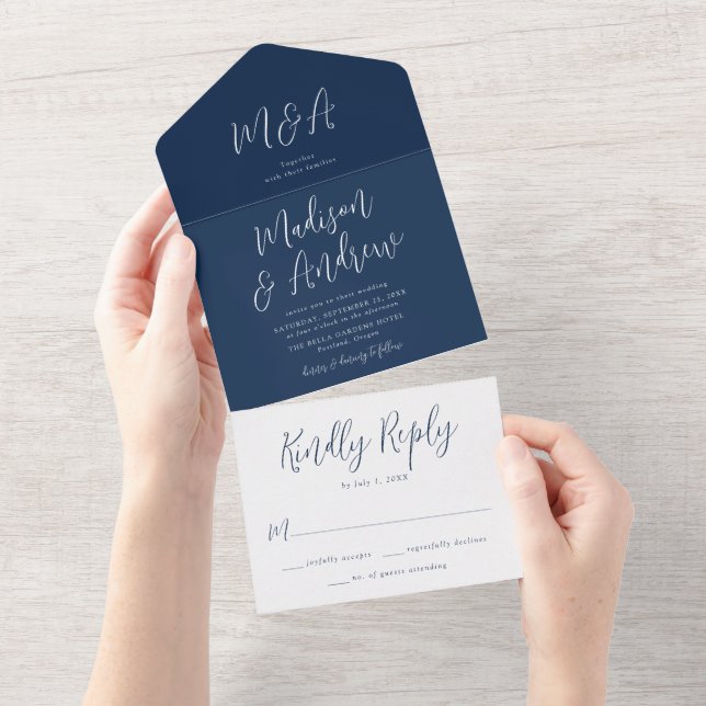 Simple Script Navy Wedding All In One Invitation (Tearaway)