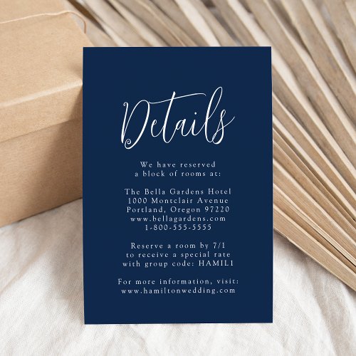 Simple Script Navy Wedding Details Enclosure Card