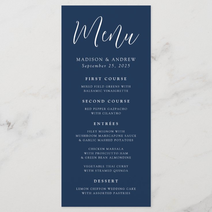 Simple Script Navy Wedding Menu | Zazzle