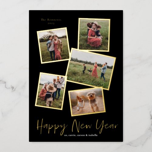 Simple Script New Year 5 Photo Collage Foil Holiday Card