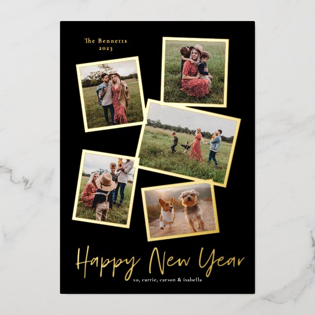 Simple Script New Year 5 Photo Collage Foil Holiday Card (Front)