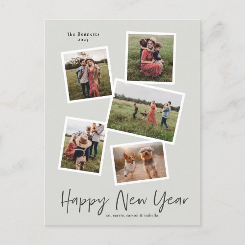 Simple Script New Year 5 Photo Collage Holiday Postcard